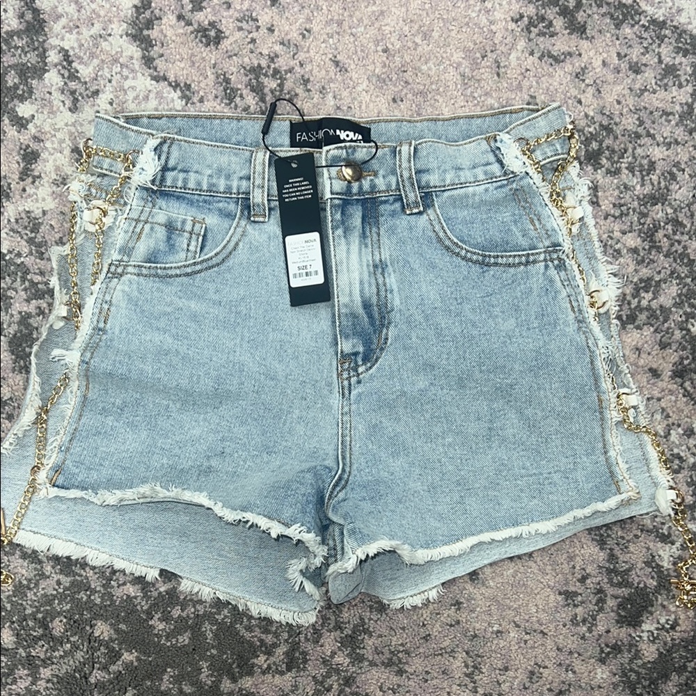 Fashion Nova Light Blue Denim Shorts with Gold Chain Detail